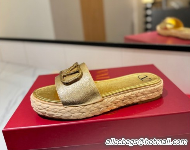 Top Design Valentino VLogo Grainy Calfskin Flat Slides Sandal Gold-Tone 2025 VA082114 0821136