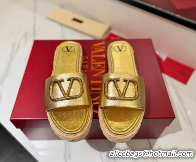 Top Design Valentino VLogo Grainy Calfskin Flat Slides Sandal Gold-Tone 2025 VA082114 0821136