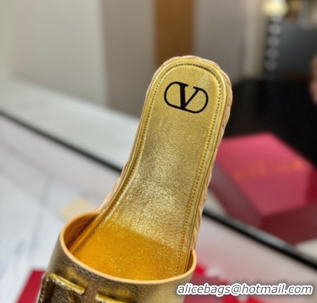 Top Design Valentino VLogo Grainy Calfskin Flat Slides Sandal Gold-Tone 2025 VA082114 0821136