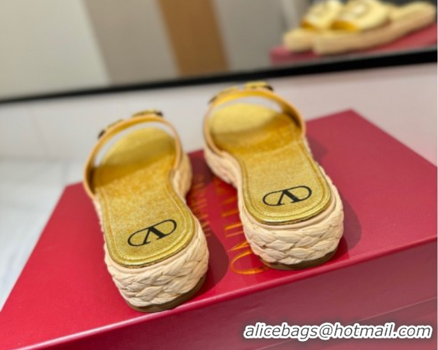 Top Design Valentino VLogo Grainy Calfskin Flat Slides Sandal Gold-Tone 2025 VA082114 0821136