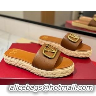 Purchase Valentino VLogo Grainy Calfskin Flat Slides Sandal Brown/Gold 2025 VA082114 0821137