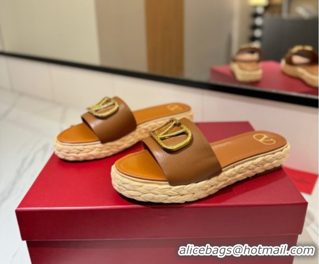 Purchase Valentino VLogo Grainy Calfskin Flat Slides Sandal Brown/Gold 2025 VA082114 0821137