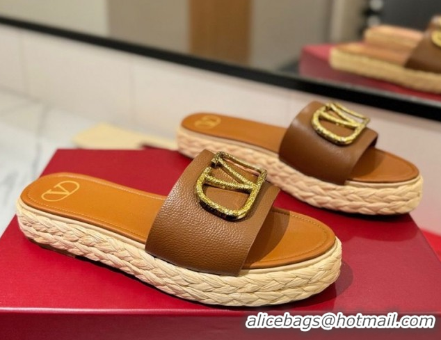 Purchase Valentino VLogo Grainy Calfskin Flat Slides Sandal Brown/Gold 2025 VA082114 0821137