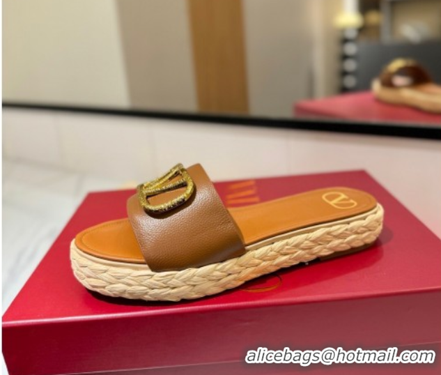 Purchase Valentino VLogo Grainy Calfskin Flat Slides Sandal Brown/Gold 2025 VA082114 0821137