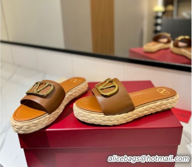 Purchase Valentino VLogo Grainy Calfskin Flat Slides Sandal Brown/Gold 2025 VA082114 0821137