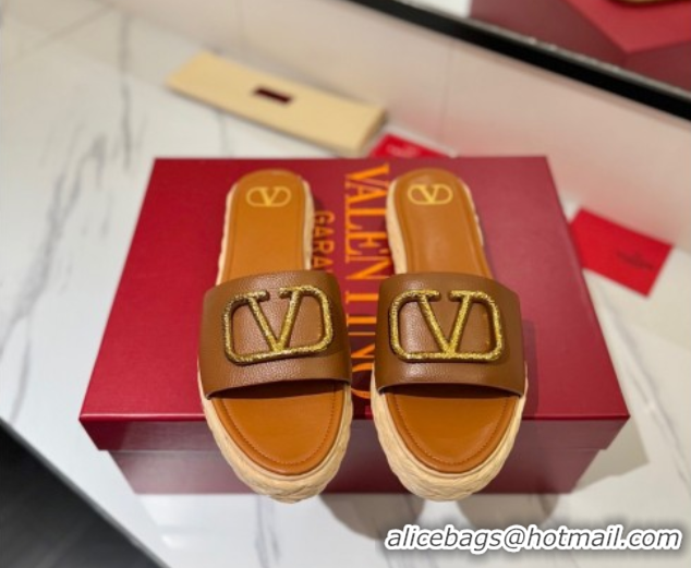 Purchase Valentino VLogo Grainy Calfskin Flat Slides Sandal Brown/Gold 2025 VA082114 0821137