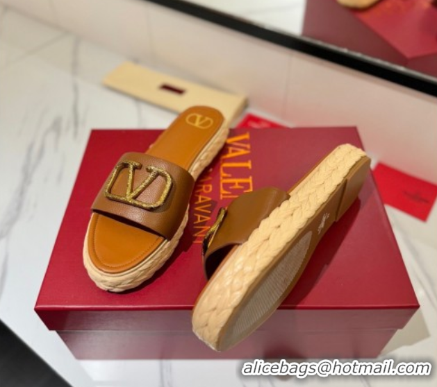 Purchase Valentino VLogo Grainy Calfskin Flat Slides Sandal Brown/Gold 2025 VA082114 0821137