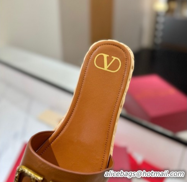 Purchase Valentino VLogo Grainy Calfskin Flat Slides Sandal Brown/Gold 2025 VA082114 0821137
