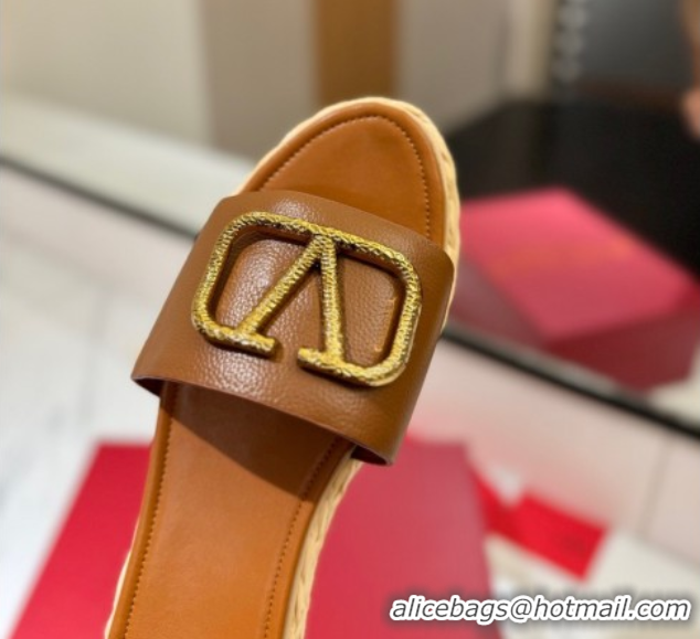 Purchase Valentino VLogo Grainy Calfskin Flat Slides Sandal Brown/Gold 2025 VA082114 0821137