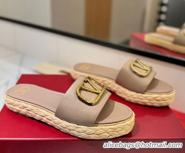 Good Quality Valentino VLogo Grainy Calfskin Flat Slides Sandal Dusty Beige/Gold 2025 VA082114 0821139