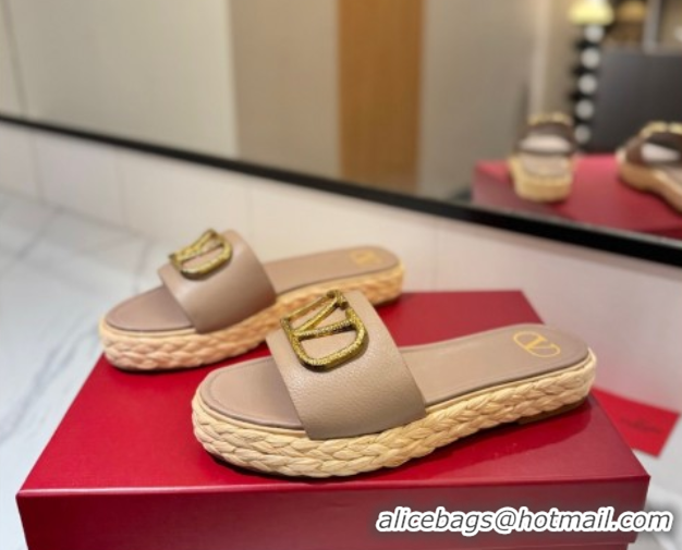 Good Quality Valentino VLogo Grainy Calfskin Flat Slides Sandal Dusty Beige/Gold 2025 VA082114 0821139