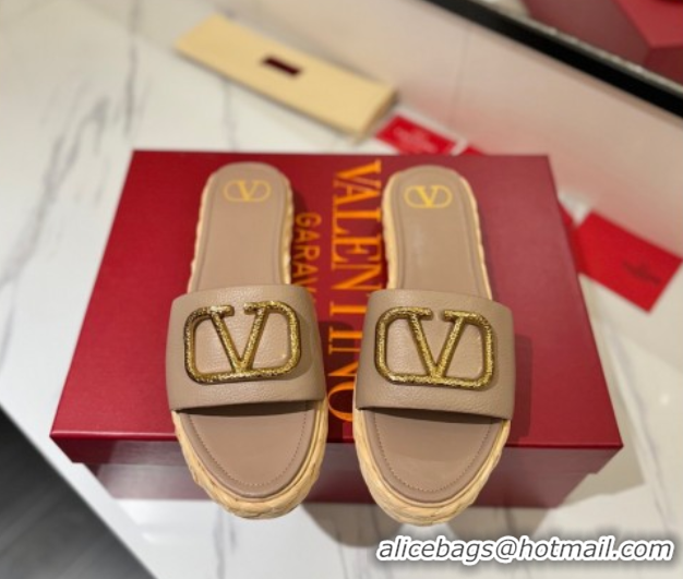 Good Quality Valentino VLogo Grainy Calfskin Flat Slides Sandal Dusty Beige/Gold 2025 VA082114 0821139