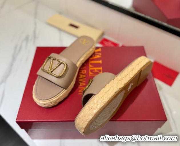 Good Quality Valentino VLogo Grainy Calfskin Flat Slides Sandal Dusty Beige/Gold 2025 VA082114 0821139