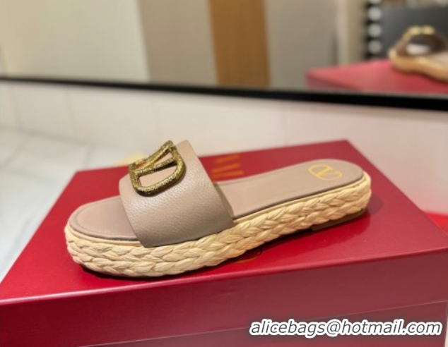Good Quality Valentino VLogo Grainy Calfskin Flat Slides Sandal Dusty Beige/Gold 2025 VA082114 0821139