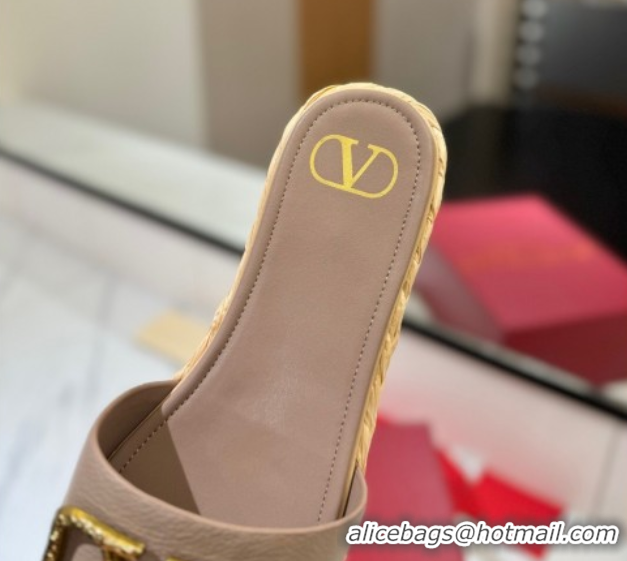 Good Quality Valentino VLogo Grainy Calfskin Flat Slides Sandal Dusty Beige/Gold 2025 VA082114 0821139