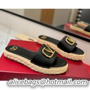 Good Product Valentino VLogo Grainy Calfskin Flat Slides Sandal Black/Gold VA082114