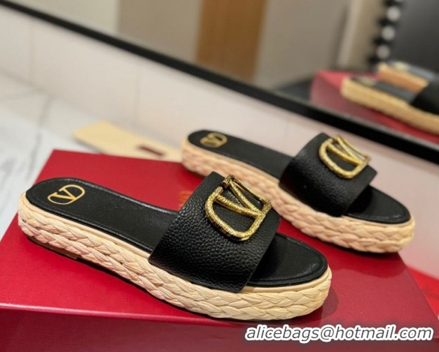 Good Product Valentino VLogo Grainy Calfskin Flat Slides Sandal Black/Gold VA082114