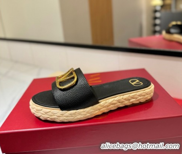 Good Product Valentino VLogo Grainy Calfskin Flat Slides Sandal Black/Gold VA082114