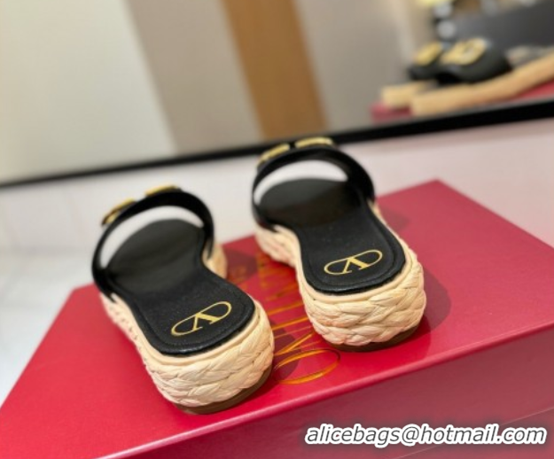 Good Product Valentino VLogo Grainy Calfskin Flat Slides Sandal Black/Gold VA082114