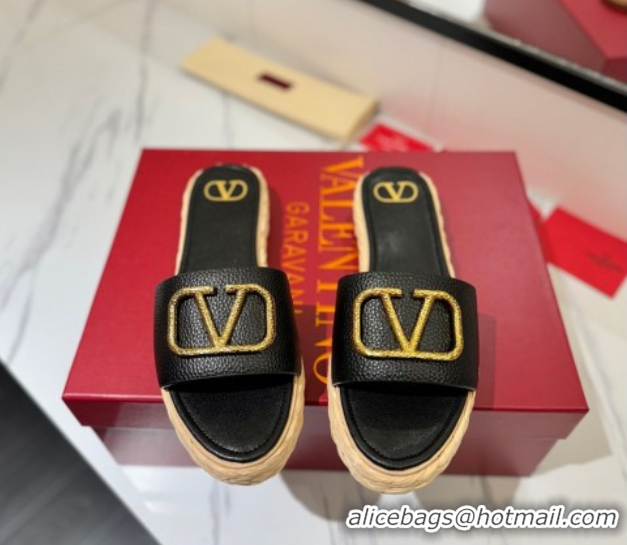 Good Product Valentino VLogo Grainy Calfskin Flat Slides Sandal Black/Gold VA082114
