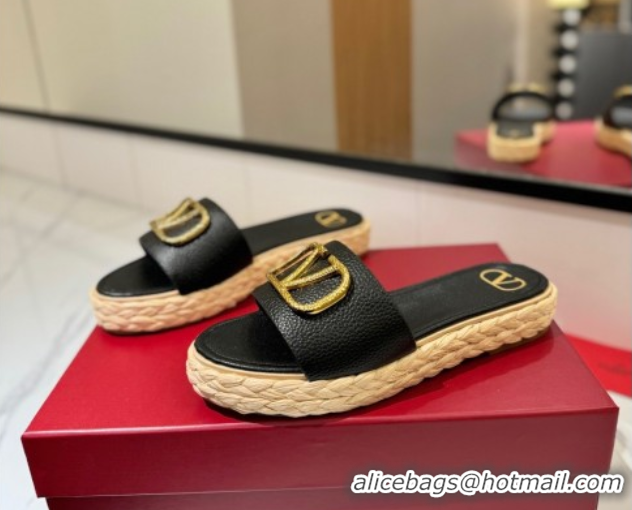 Good Product Valentino VLogo Grainy Calfskin Flat Slides Sandal Black/Gold VA082114