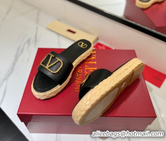 Good Product Valentino VLogo Grainy Calfskin Flat Slides Sandal Black/Gold VA082114