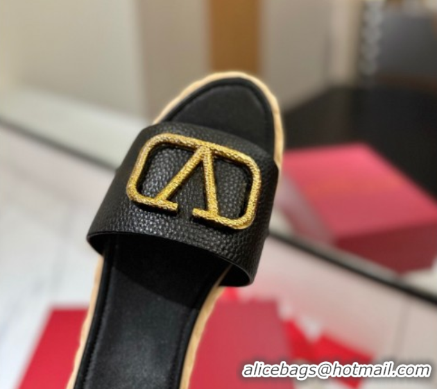 Good Product Valentino VLogo Grainy Calfskin Flat Slides Sandal Black/Gold VA082114
