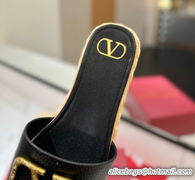 Good Product Valentino VLogo Grainy Calfskin Flat Slides Sandal Black/Gold VA082114