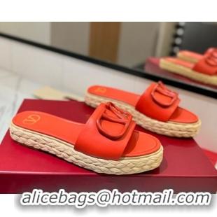 Most Popular Valentino VLogo Calfskin Leather Flat Slides Sandal Orange 2025 VA082114 0821141