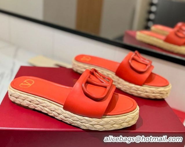 Most Popular Valentino VLogo Calfskin Leather Flat Slides Sandal Orange 2025 VA082114 0821141
