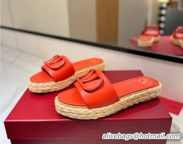 Most Popular Valentino VLogo Calfskin Leather Flat Slides Sandal Orange 2025 VA082114 0821141