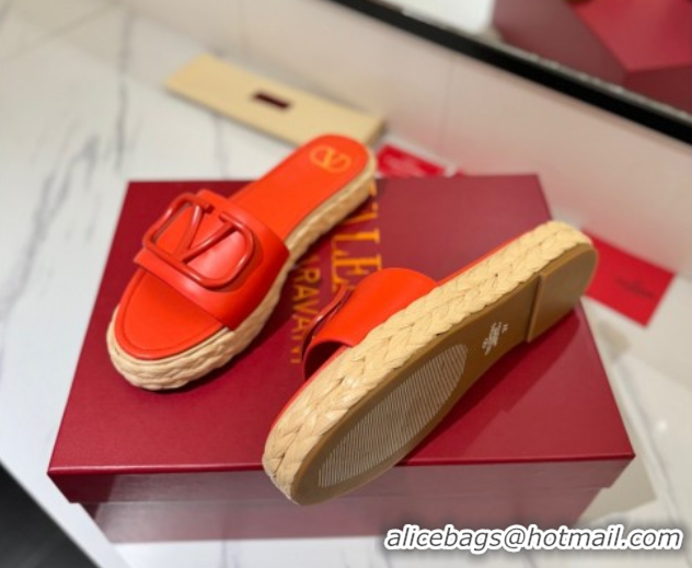 Most Popular Valentino VLogo Calfskin Leather Flat Slides Sandal Orange 2025 VA082114 0821141