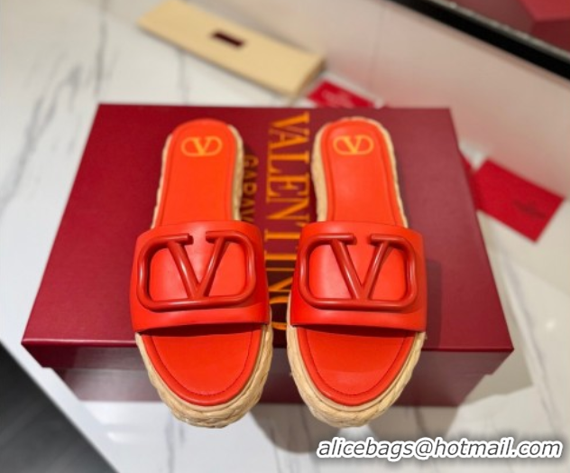 Most Popular Valentino VLogo Calfskin Leather Flat Slides Sandal Orange 2025 VA082114 0821141