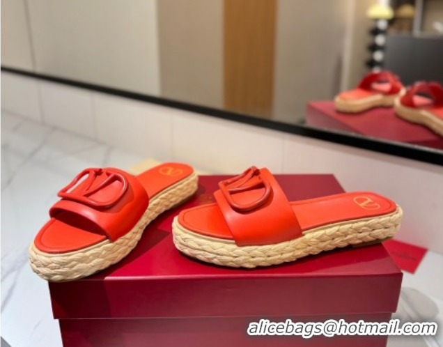 Most Popular Valentino VLogo Calfskin Leather Flat Slides Sandal Orange 2025 VA082114 0821141