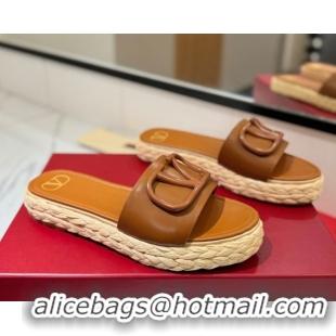 Luxury Cheap Valentino VLogo Calfskin Leather Flat Slides Sandal Brown 2025 VA082114 0821142