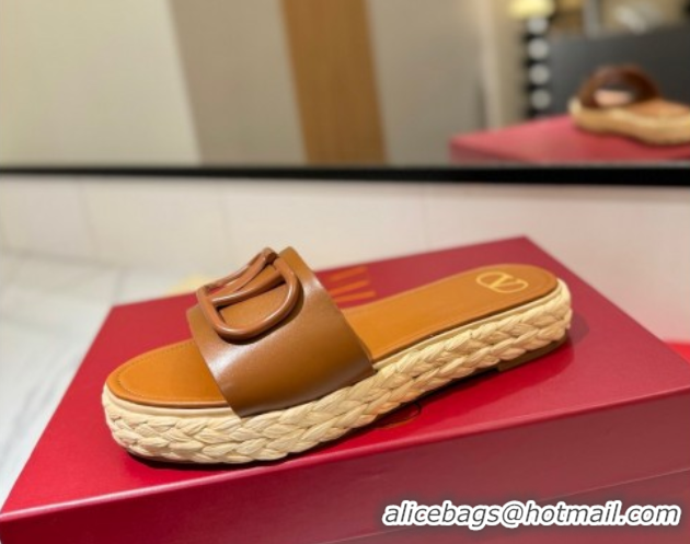 Luxury Cheap Valentino VLogo Calfskin Leather Flat Slides Sandal Brown 2025 VA082114 0821142