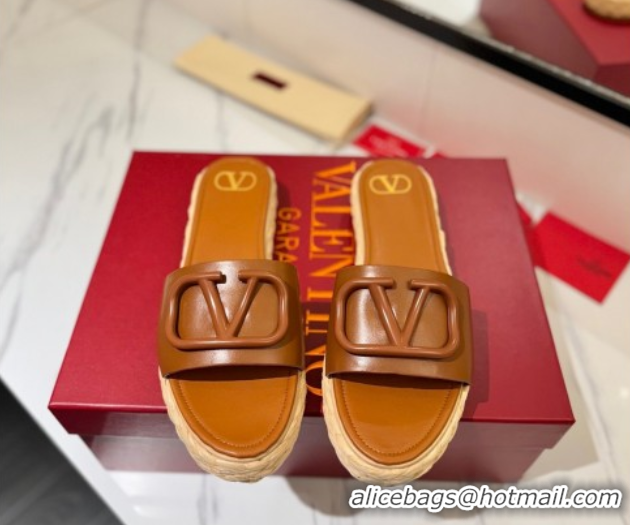 Luxury Cheap Valentino VLogo Calfskin Leather Flat Slides Sandal Brown 2025 VA082114 0821142