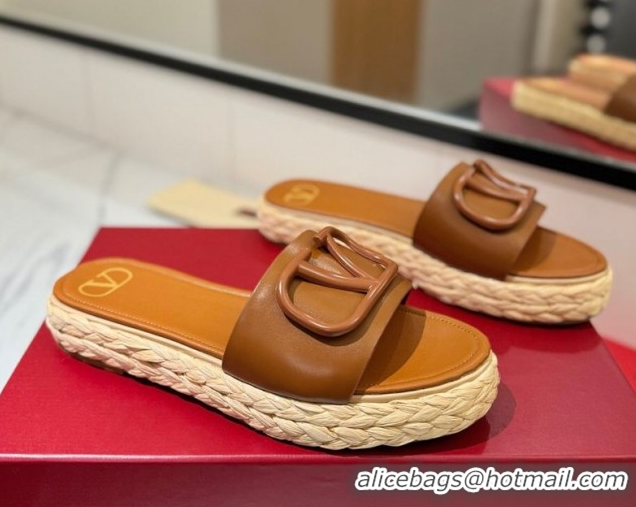 Luxury Cheap Valentino VLogo Calfskin Leather Flat Slides Sandal Brown 2025 VA082114 0821142