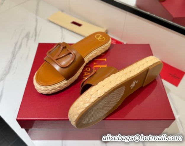 Luxury Cheap Valentino VLogo Calfskin Leather Flat Slides Sandal Brown 2025 VA082114 0821142