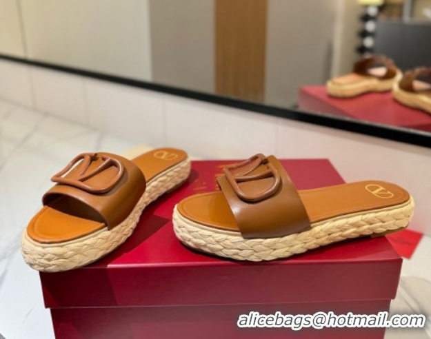Luxury Cheap Valentino VLogo Calfskin Leather Flat Slides Sandal Brown 2025 VA082114 0821142