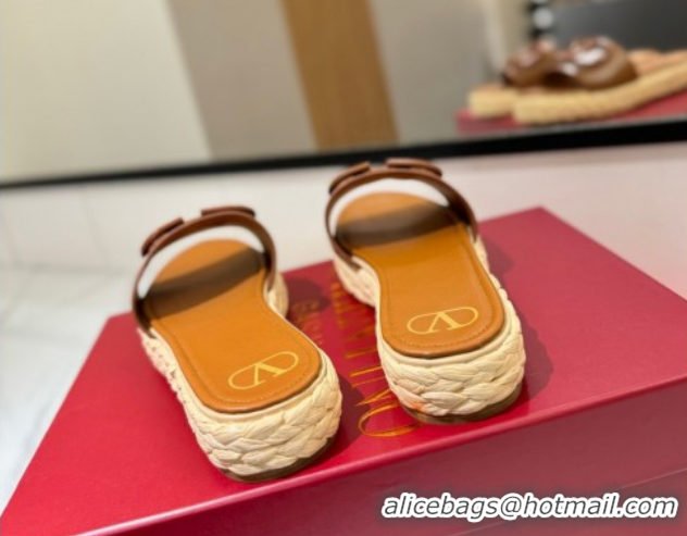 Luxury Cheap Valentino VLogo Calfskin Leather Flat Slides Sandal Brown 2025 VA082114 0821142