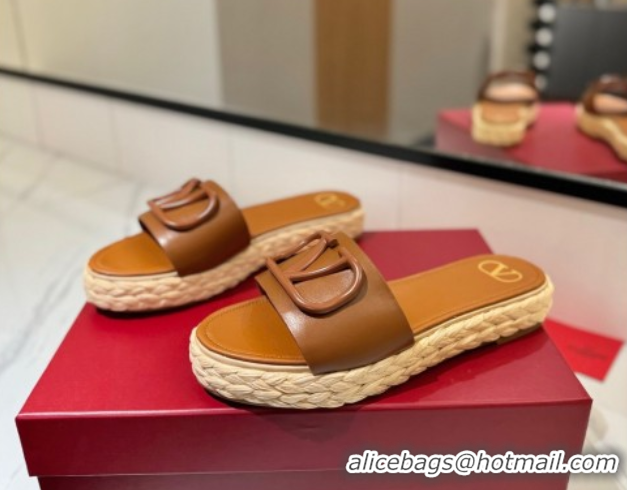 Luxury Cheap Valentino VLogo Calfskin Leather Flat Slides Sandal Brown 2025 VA082114 0821142