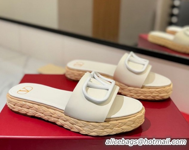 Luxury Valentino VLogo Calfskin Leather Flat Slides Sandal White 2025 VA082114 0821143