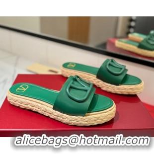 Classic Hot Valentino VLogo Calfskin Leather Flat Slides Sandal Green 2025 VA082114 0821144