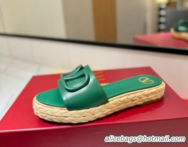Classic Hot Valentino VLogo Calfskin Leather Flat Slides Sandal Green 2025 VA082114 0821144