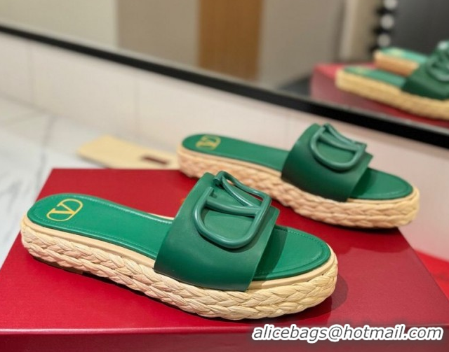 Classic Hot Valentino VLogo Calfskin Leather Flat Slides Sandal Green 2025 VA082114 0821144