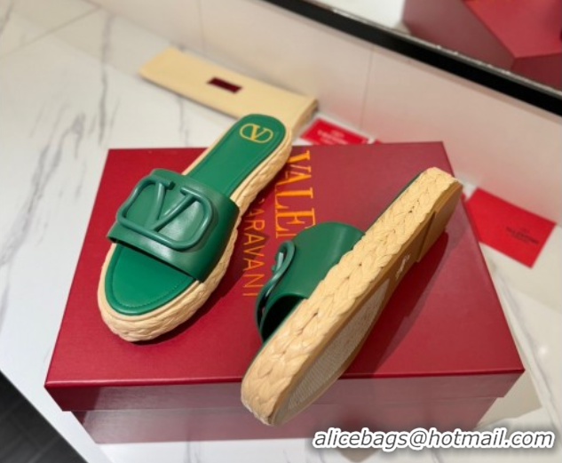 Classic Hot Valentino VLogo Calfskin Leather Flat Slides Sandal Green 2025 VA082114 0821144