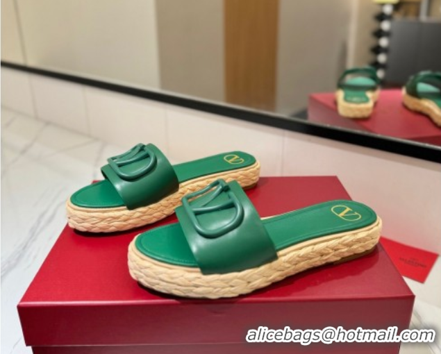 Classic Hot Valentino VLogo Calfskin Leather Flat Slides Sandal Green 2025 VA082114 0821144