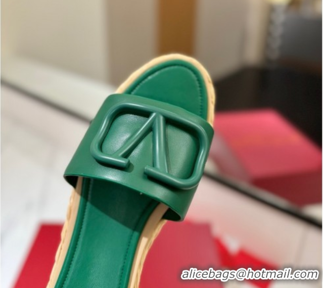 Classic Hot Valentino VLogo Calfskin Leather Flat Slides Sandal Green 2025 VA082114 0821144