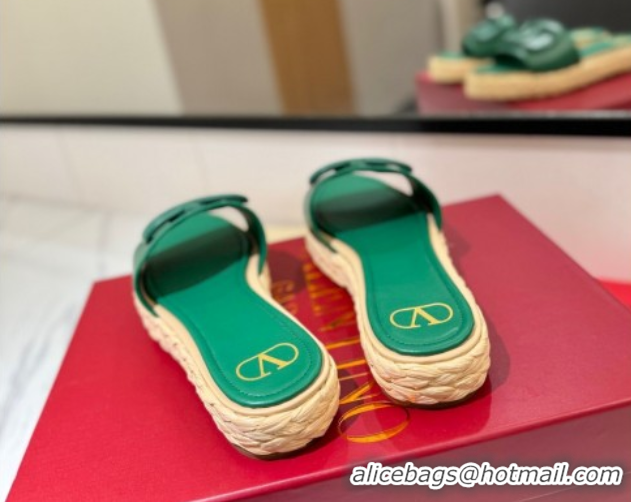 Classic Hot Valentino VLogo Calfskin Leather Flat Slides Sandal Green 2025 VA082114 0821144